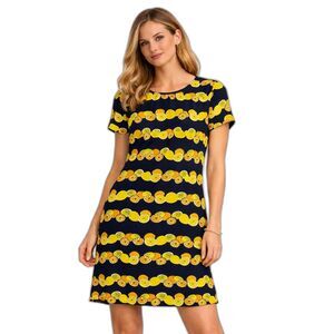 Banana Republic Lemon Citrus Print Shift Dress Size 2 Navy Short Sleeve